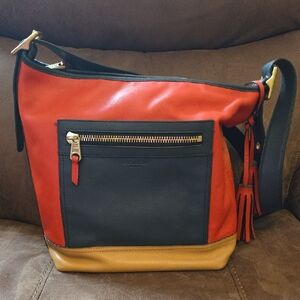 Coach Red Black and Tan Leather Shoulder Bag with Gold Hardware